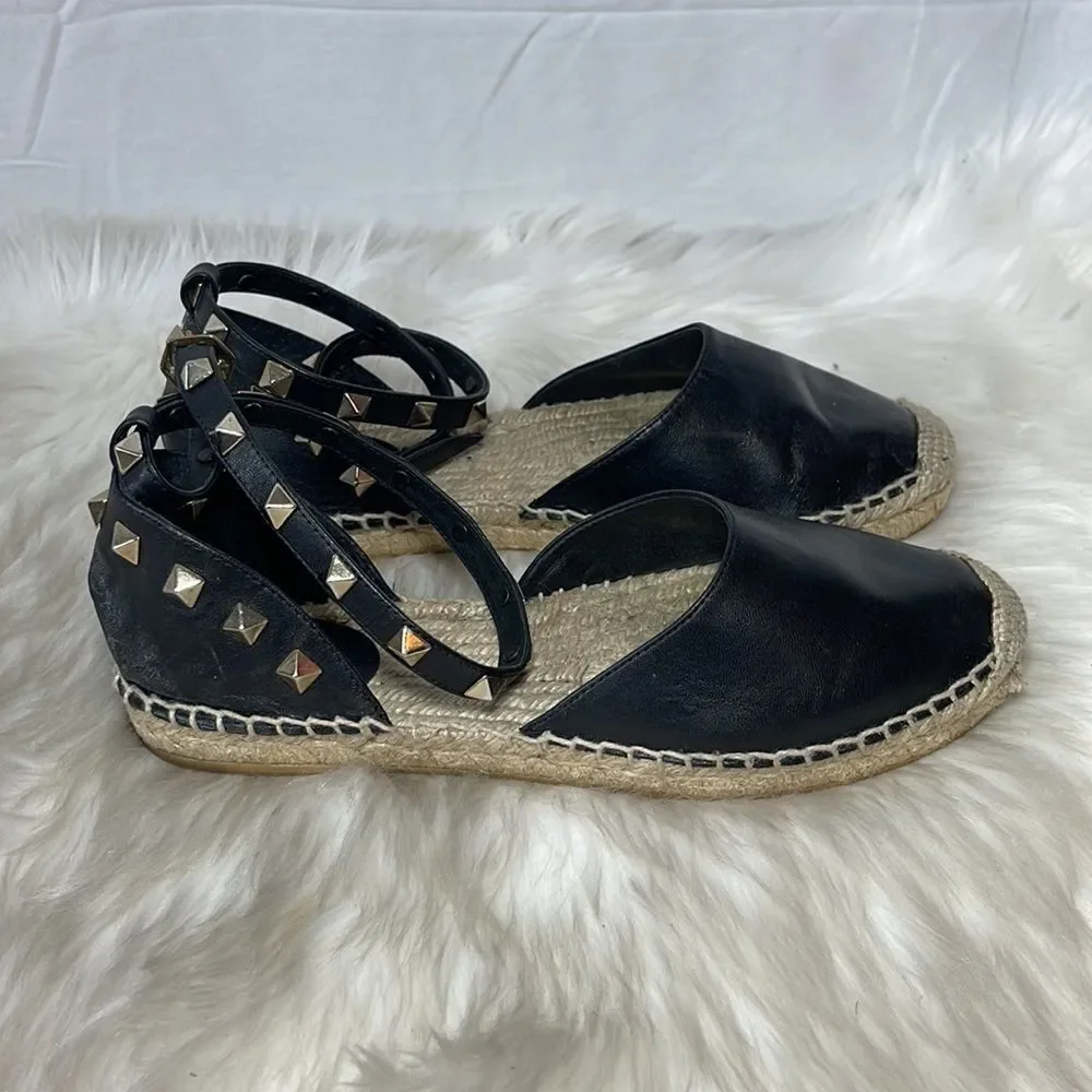 ASH Zania Black Leather Studded Dorsay Espadrilles Sz 36/6‎